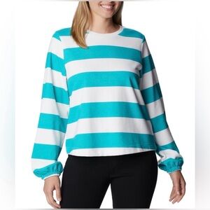 Columbia Bright Aqua/Rugby Stripe Trek Seasonal Ft Long Sleeve Crew Sweatshirt
